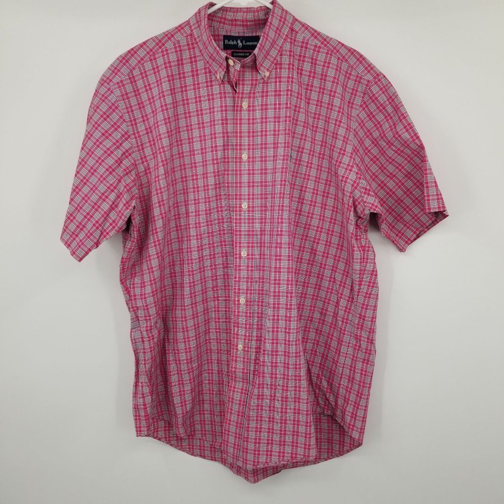Ralph Lauren Classic Fit‎ Pink Plaid Men's Short Sleeve Button Shirt Large